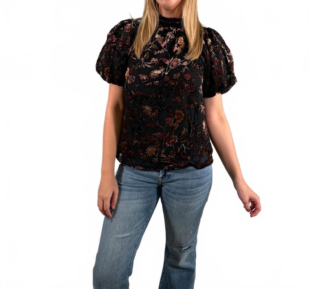 NEW THML romantic velvet burnout puff sleeve top in black